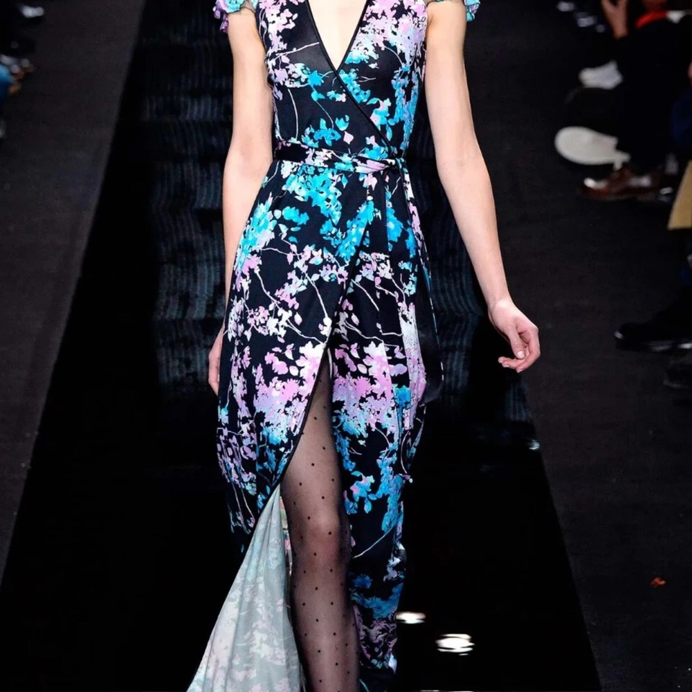 Diane Von Furstenberg Black and Blue Floral High Low Dress